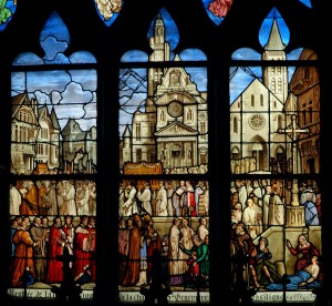 Stained window of Saint Genevieve : the procession for the saint.