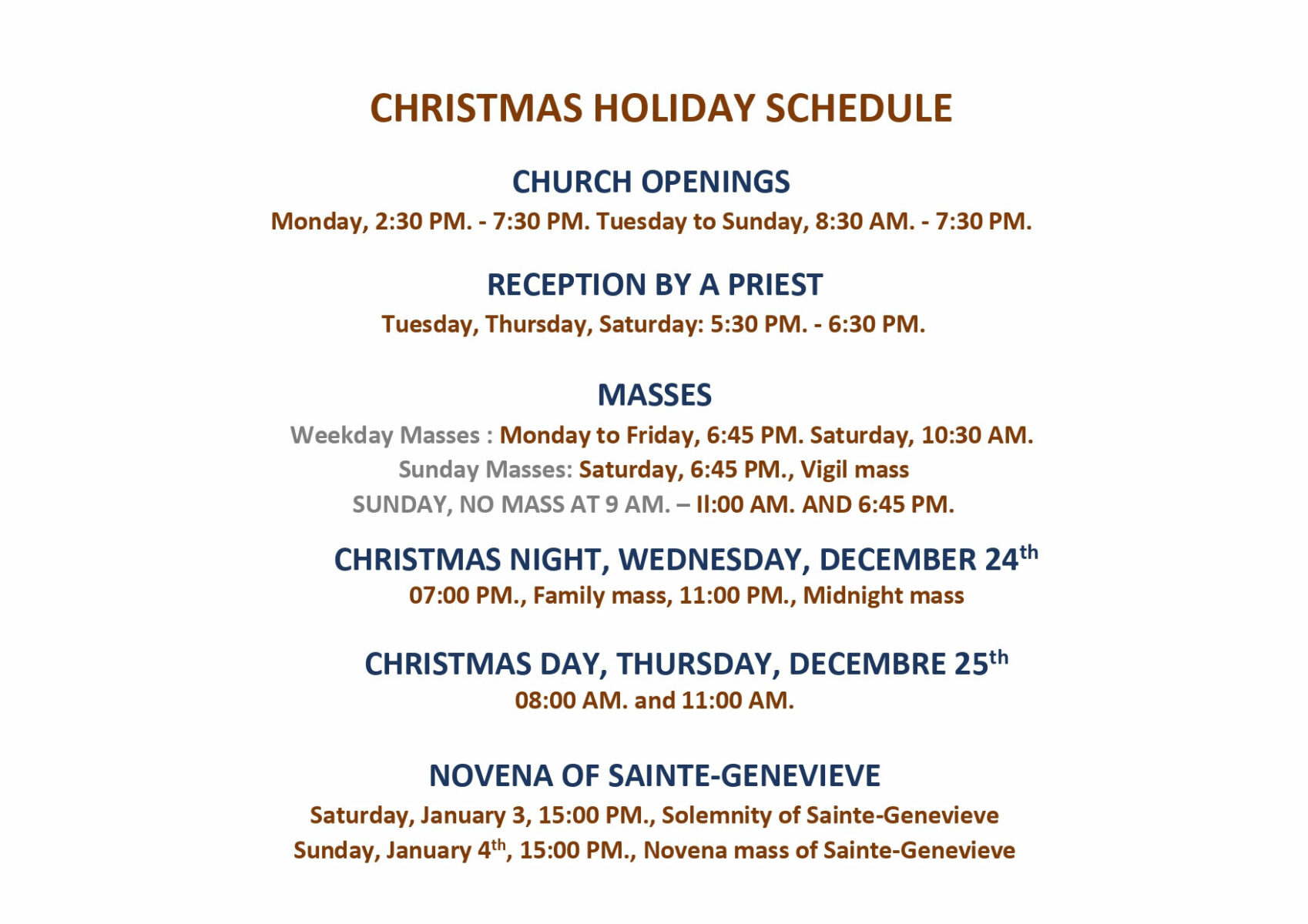 Horaires vacances Noël anglais