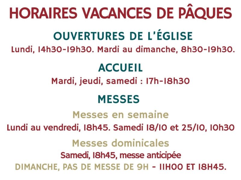 Horaires vacances de Pâques site 2026